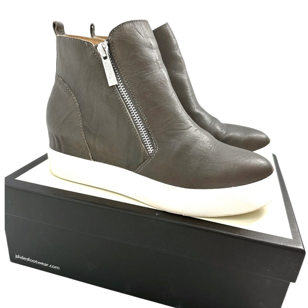 J/Slides Sky Leather Wedge Sneaker Boots Hidden Heel Zip Detail Gray Size 8.5‎